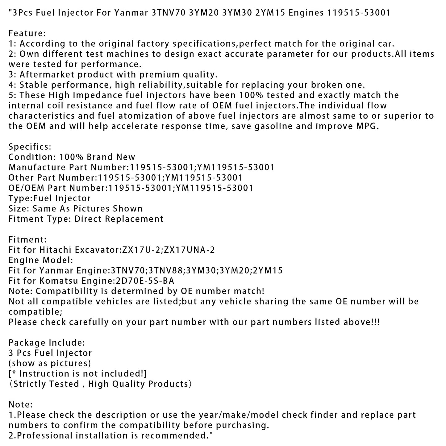 Iniettore di carburante 3 pezzi per motori Yanmar 3TNV70 3YM20 3YM30 2YM15 119515-53001