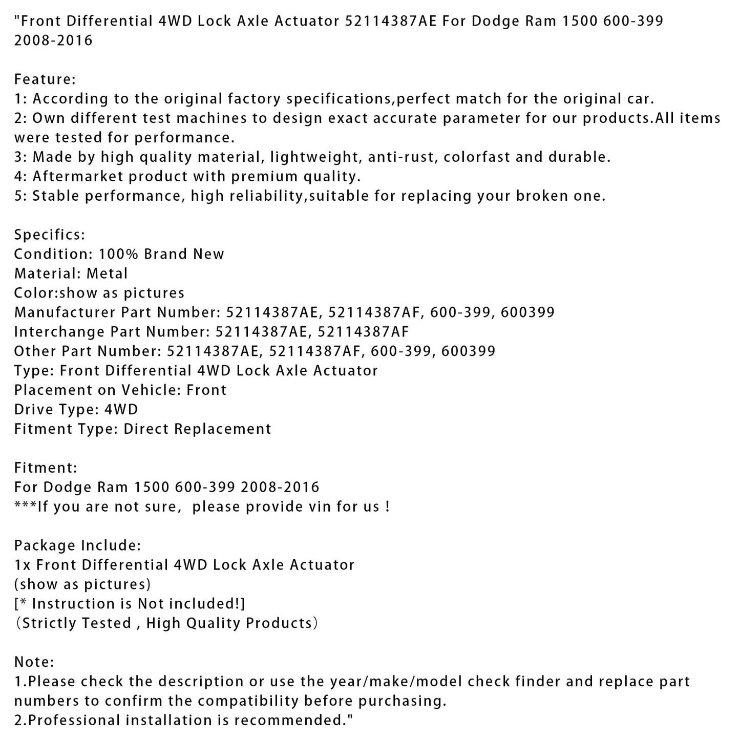 Attuatore dell'assale di bloccaggio 4WD differenziale anteriore Dodge Ram 1500 2008-2016 600-399 52114387AE 600399