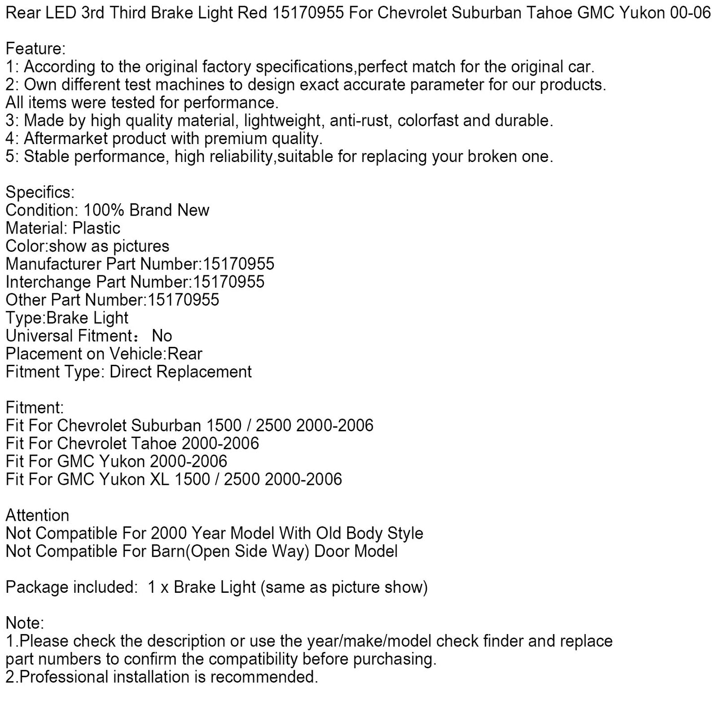 Luce di stop posteriore a LED rossa 15170955 per Chevrolet Suburban 00-06
