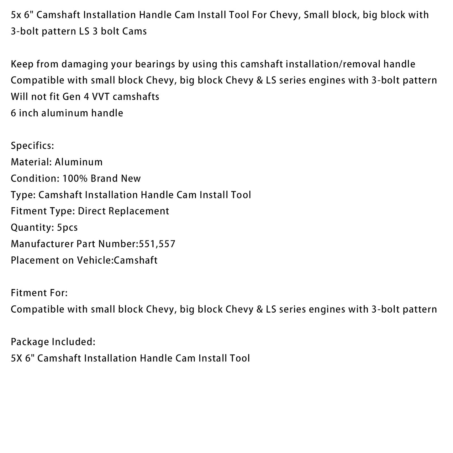 5x 6"" Maniglia di installazione dell'albero a camme Strumento di installazione della camma per Chevy con schema a 3 bulloni