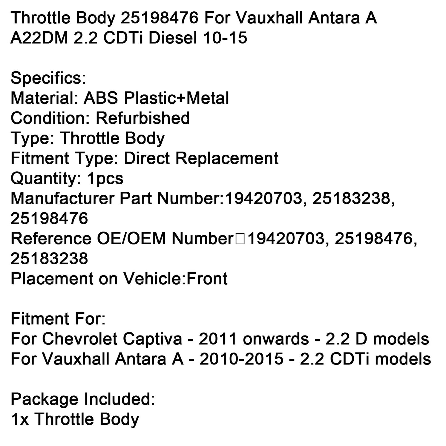 Modelli Vauxhall Antara A 2.2 CDTi 2010-2015 Corpo farfallato 25198476 19420703