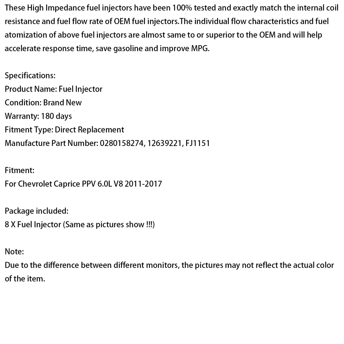 Iniettore di carburante Chevrolet Caprice PPV 6.0L V8 8 pezzi 2011-2017 12639221 0280158274