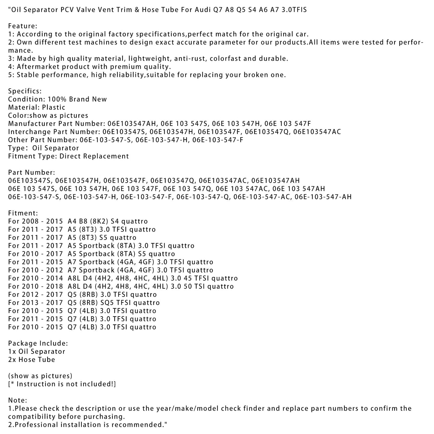 2013-2017 Q5 (8RB) SQ5 TFSI quattro Separatore olio PCV Valvola di sfiato e tubo flessibile 06E103547S