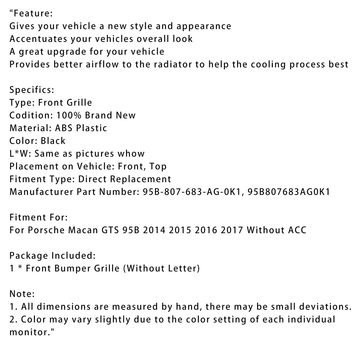 Griglia paraurti anteriore Porsche Macan GTS 95B 2014-2017 95B807683-AG-0K1