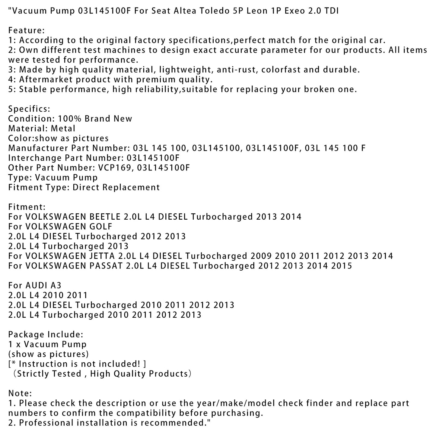 Pompa del vuoto turbocompressa VOLKSWAGEN GOLF 2.0L L4 2013 03L145100F VCP169