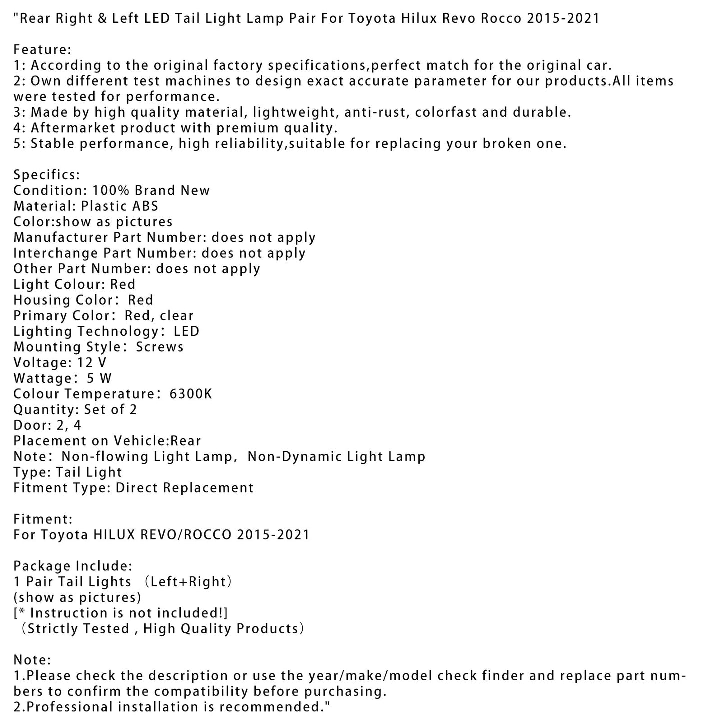 Coppia di fanali posteriori a LED Toyota Hilux Revo Rocco 2015-2021, destro e sinistro