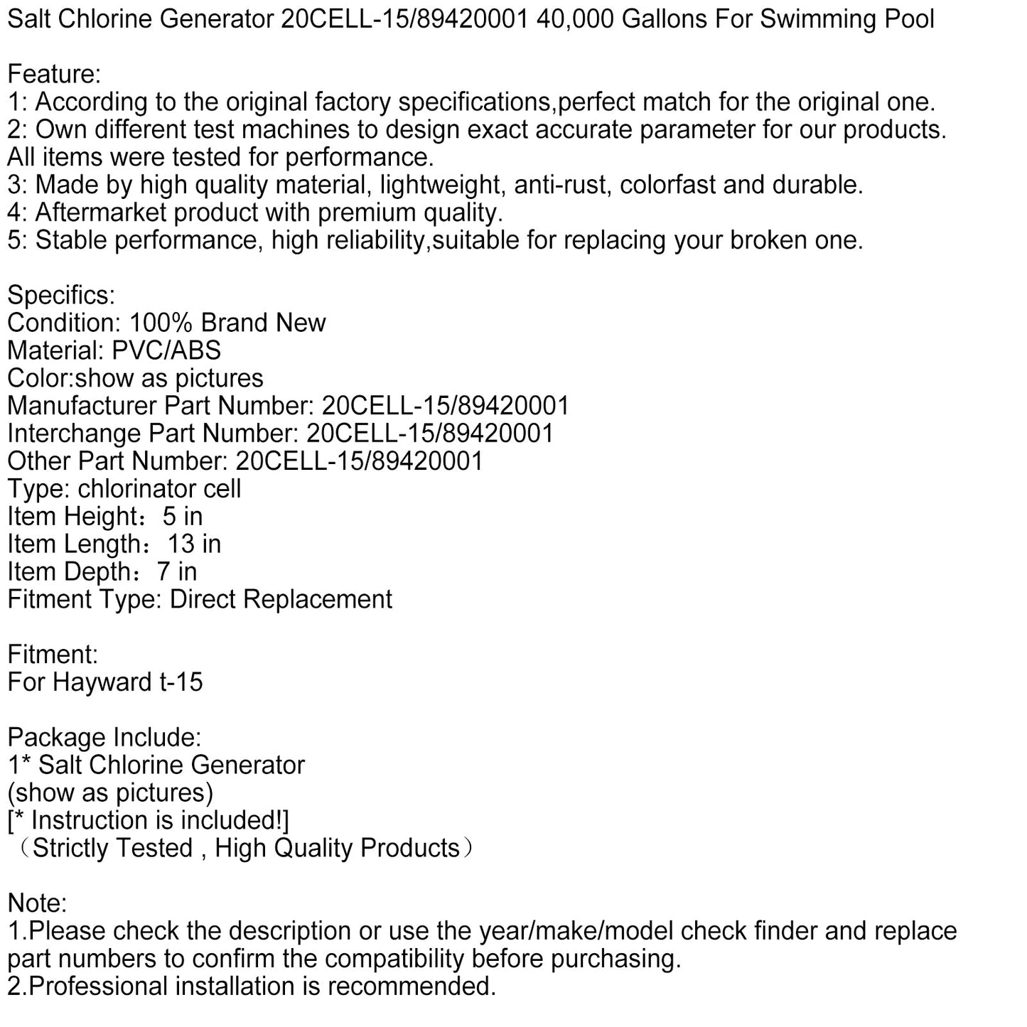 Generatore di cloro salino 20CELL-15/89420001 da 40.000 galloni per piscina