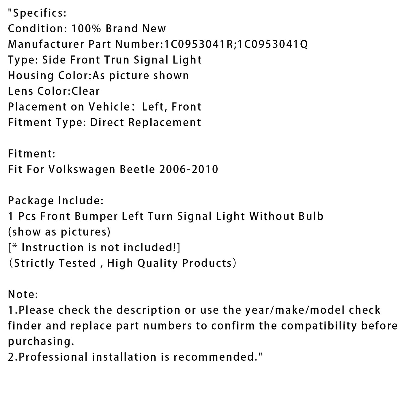Volkswagen Maggiolino 2006-2010, 1 pezzo, luce di direzione sinistra per paraurti anteriore, 1C0953041R