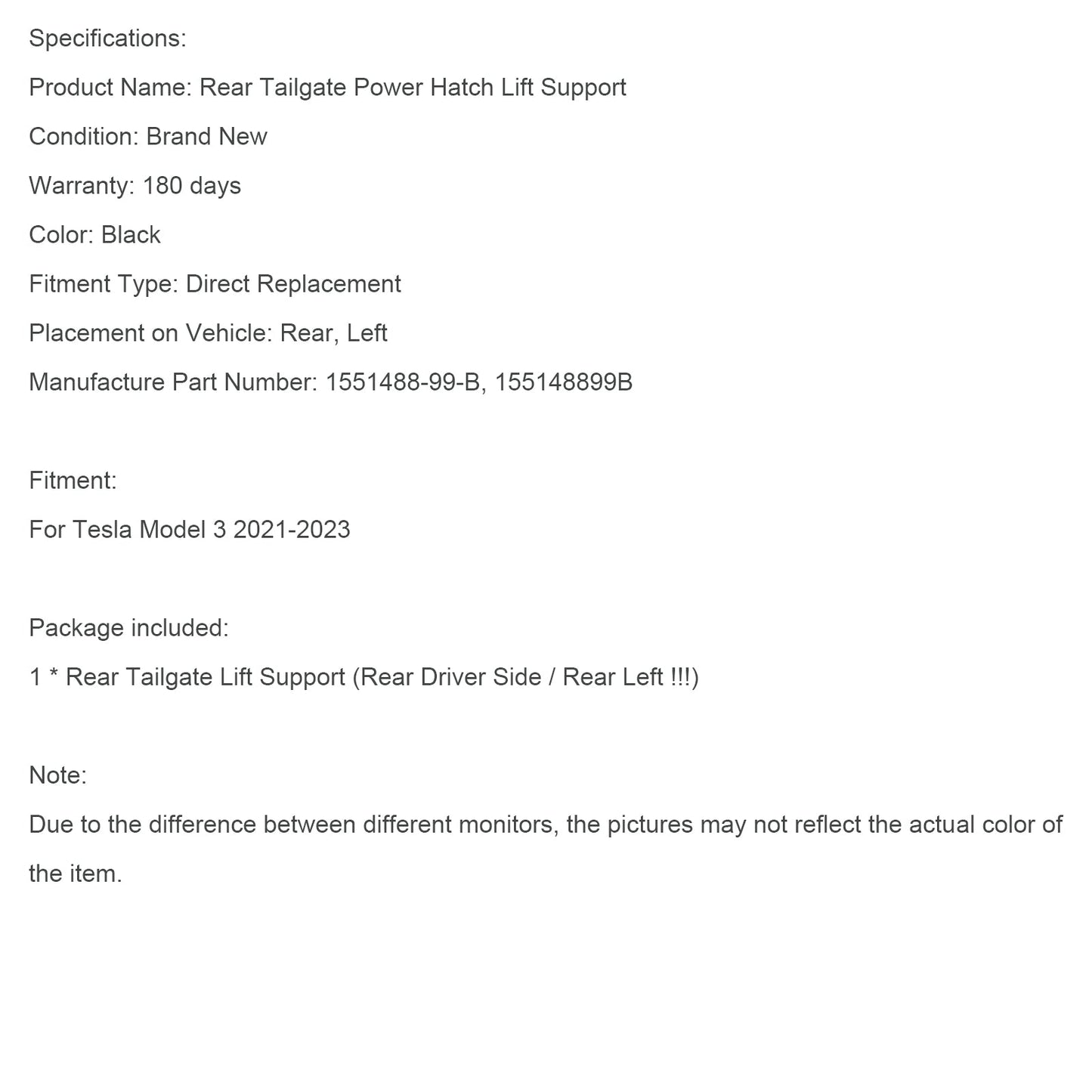 Supporto di sollevamento elettrico per portellone posteriore elettrico lato sinistro Tesla Model 3 2021-2023 Struthz