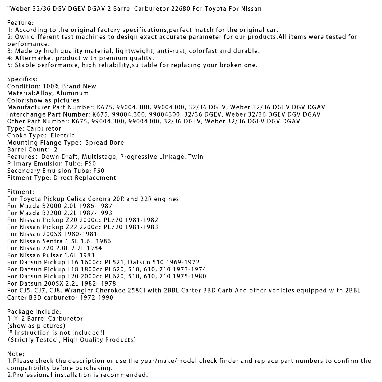 Carburatore Weber 32/36 DGV DGEV DGAV 2 barili 22680 per Toyota per Nissan