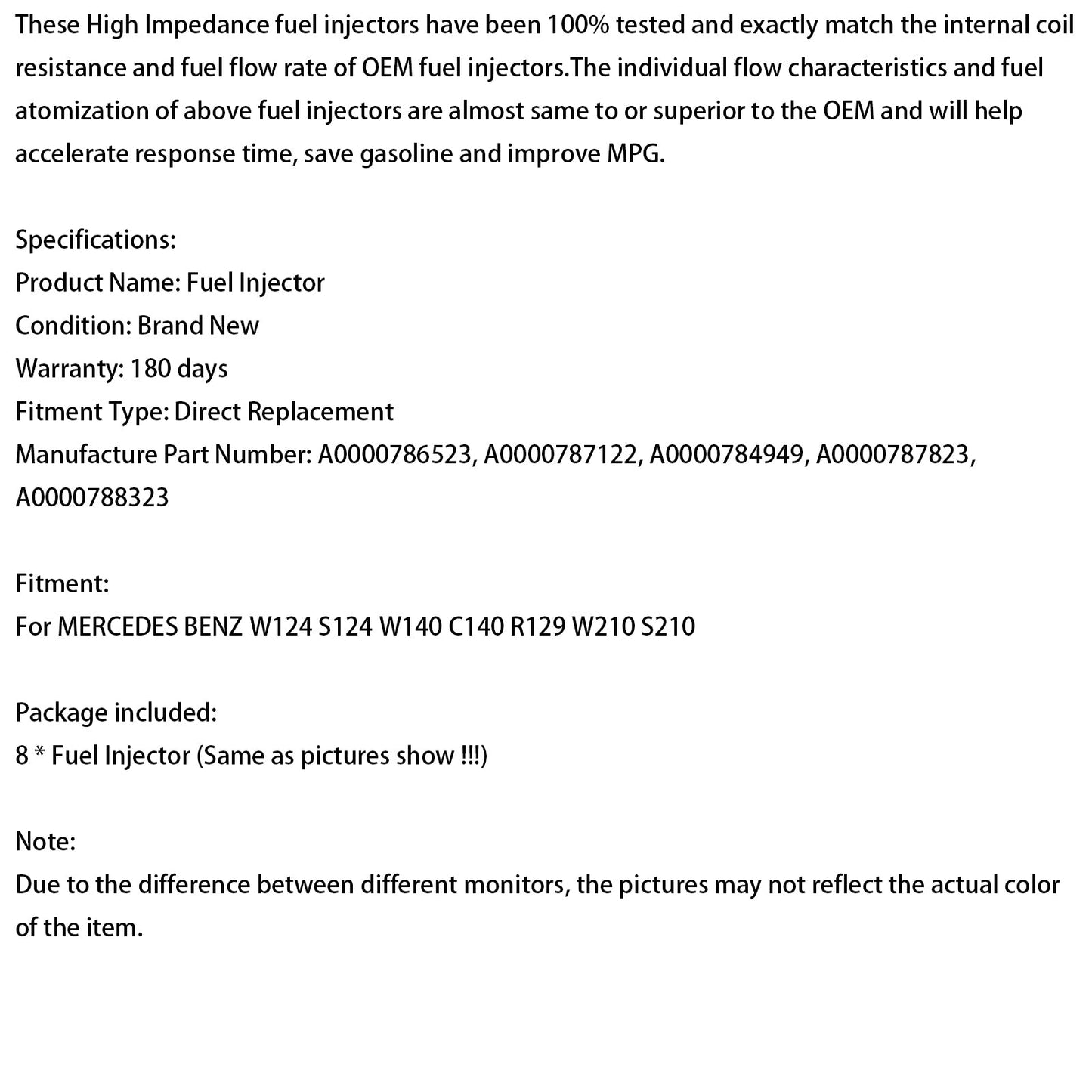 MERCEDES W124 W140 W210 R129 8 pezzi Iniettore carburante 0000788323 A0000786523