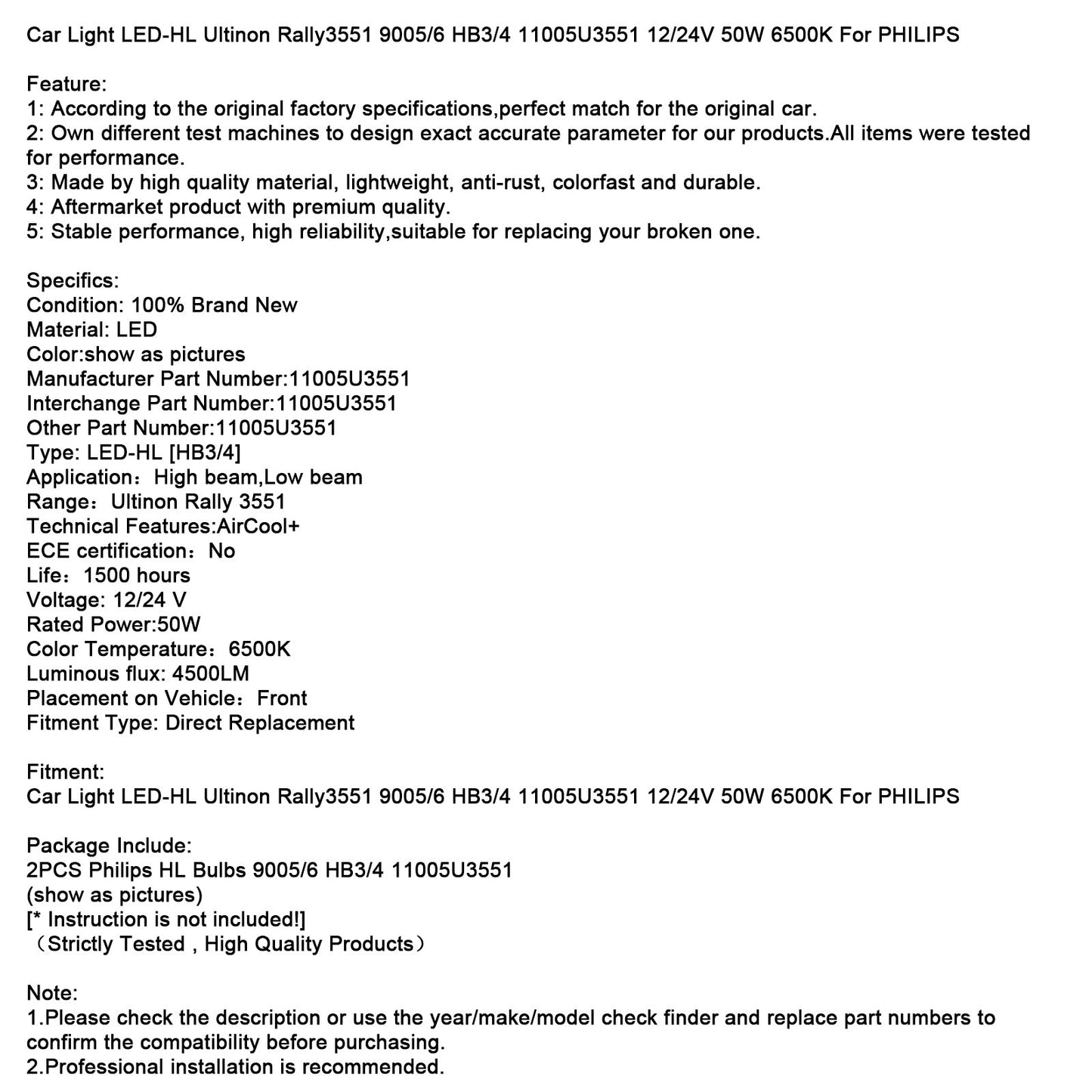 Luce auto LED-HL Ultinon Rally3551 9005/6 HB3/4 12/24V 50W 6500K per PHILIPS
