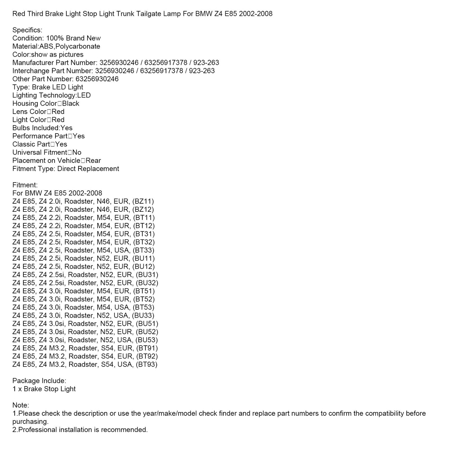 Luce di stop rossa per portellone posteriore del bagagliaio per BMW Z4 E85 2002-2008