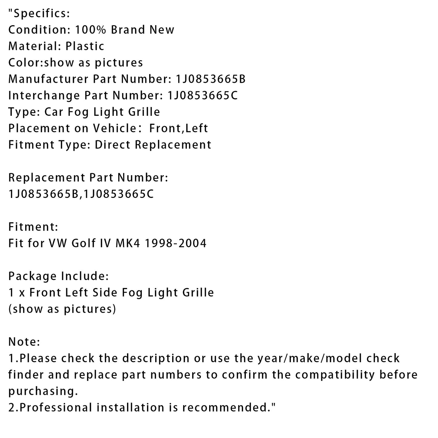 Griglia paraurti anteriore sinistro VW Golf IV MK4 1998-2004, griglia fendinebbia