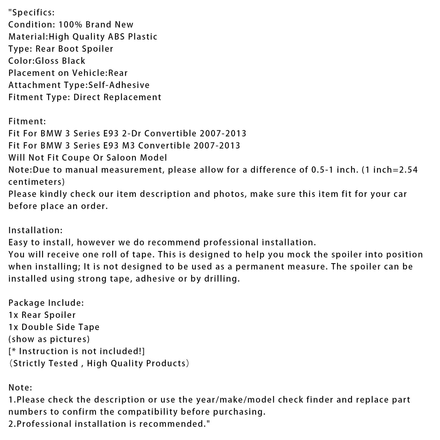 Spoiler posteriore per bagagliaio nero lucido per BMW Serie 3 E93 Cabriolet 2 porte/M3 Cabriolet 2007-2013 per BMW Serie 3 E93 Cabriolet