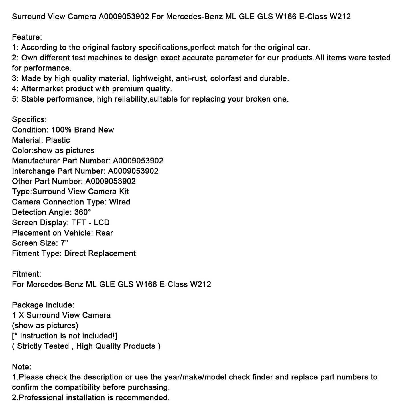 Mercedes-Benz ML GLE GLS W166 Classe E W212 Telecamera Surround View A0009053902
