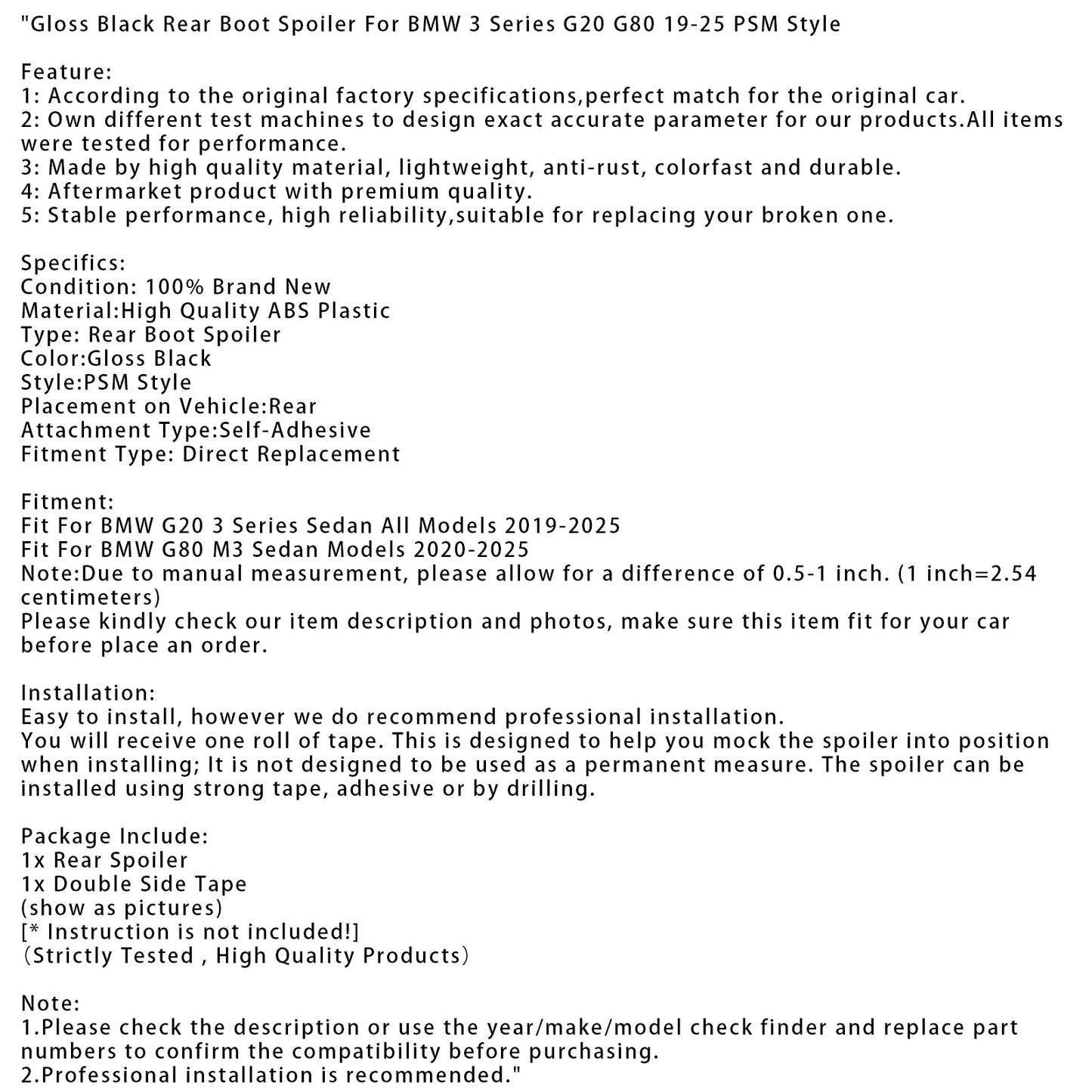 Spoiler posteriore nero lucido per BMW Serie 3 G20 G80 19-25 PSM Style