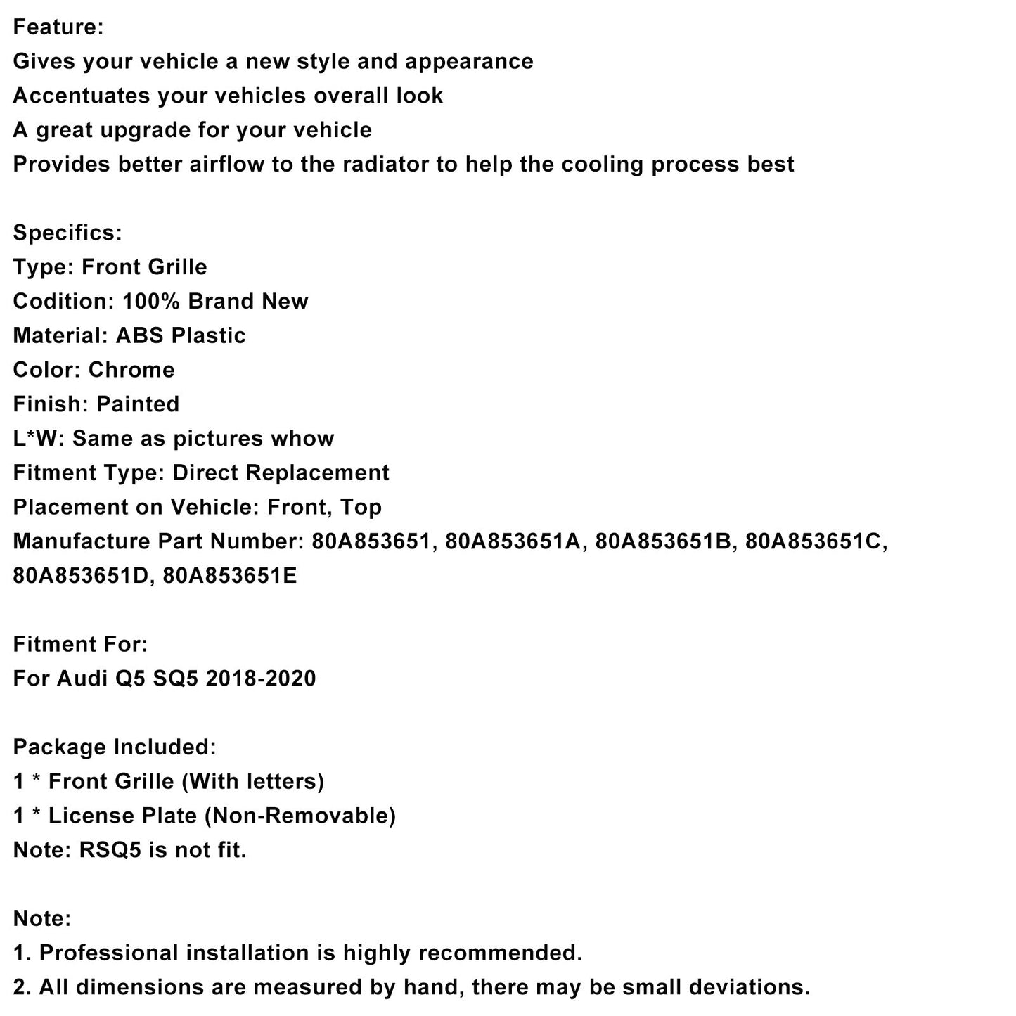 Griglia anteriore a nido d'ape Audi Q5 SQ5 SQ5 Style 2018-2020