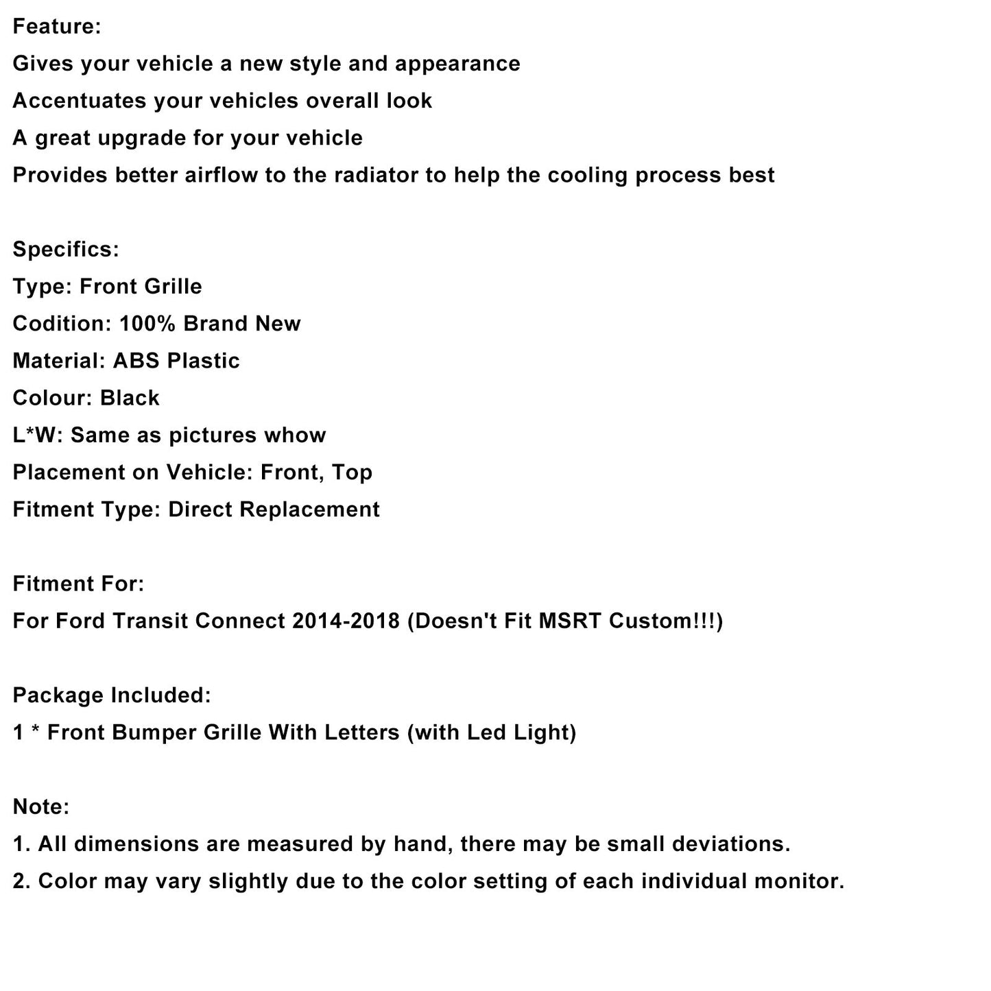 Griglia paraurti anteriore nera Ford Transit Connect 2014-2018 con LED