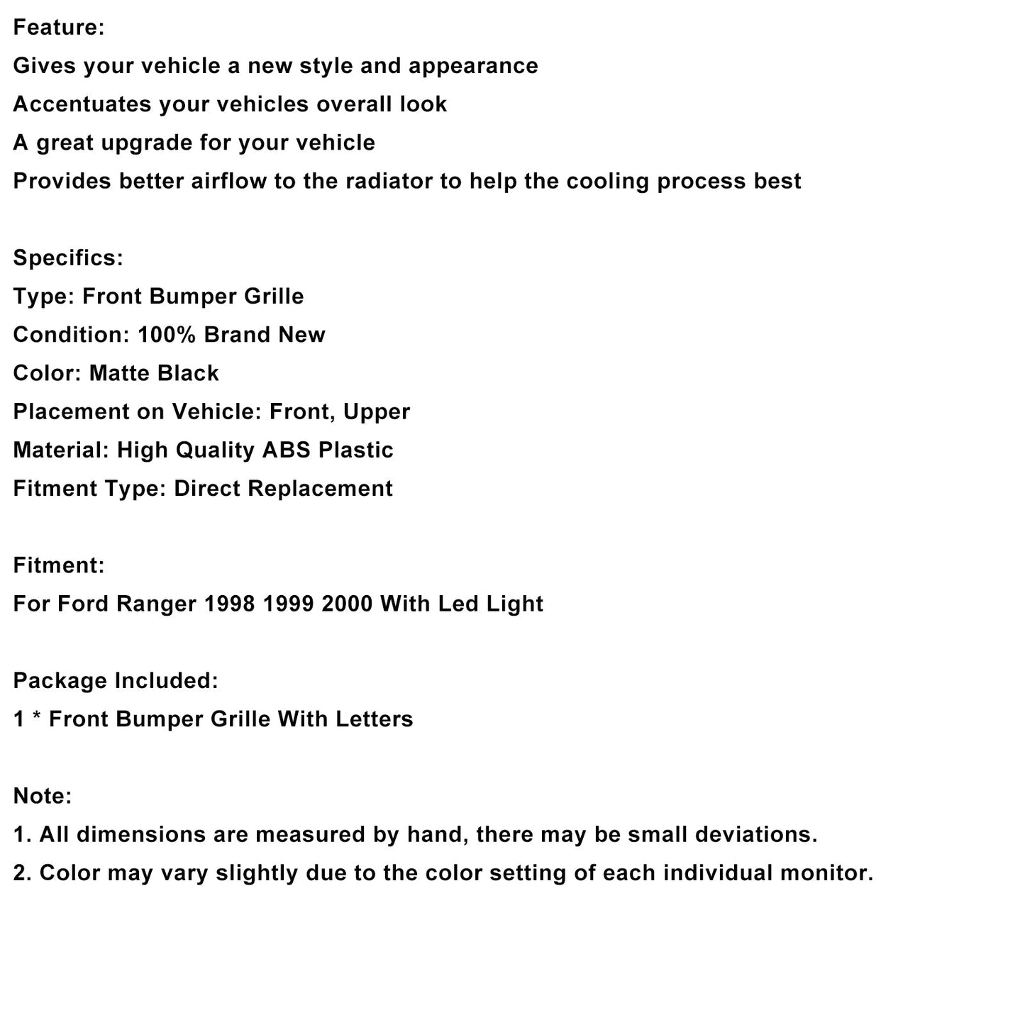 Griglia paraurti anteriore nera opaca Ford Ranger 1998-2000 con luce a LED