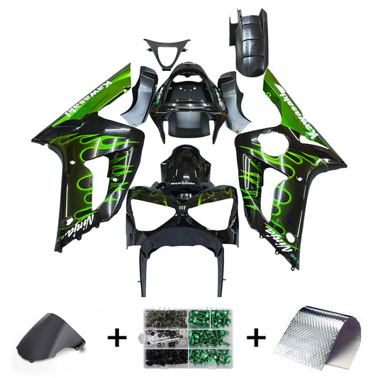 Carene 2003-2004 Kawasaki ZX6R 636 Black & Green Flame Ninja Generico