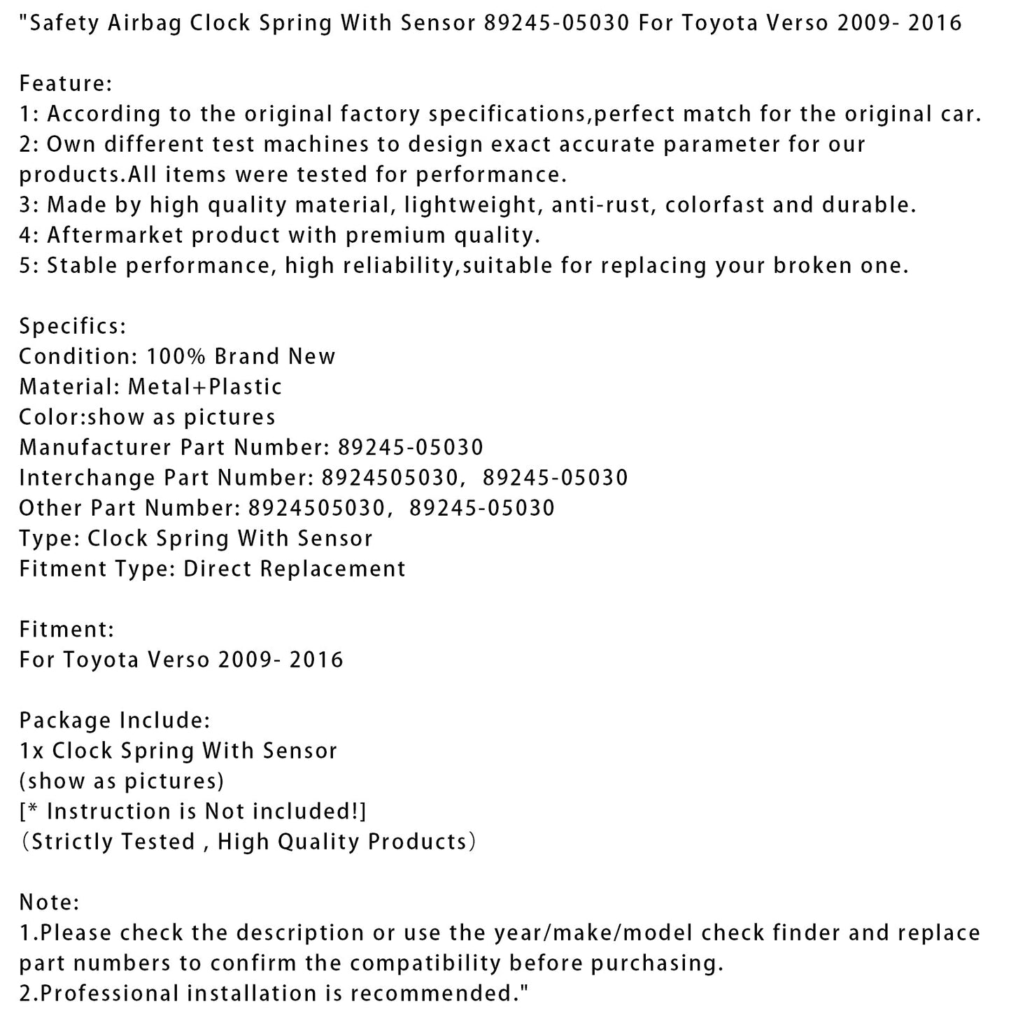 Molla di sicurezza per airbag con sensore 89245-05030 per Toyota Verso 2009-2016