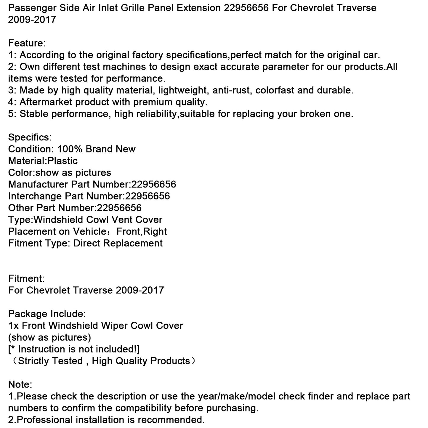 Estensione del pannello della griglia di aspirazione dell'aria lato passeggero Chevrolet Traverse 2009-2017 22956656