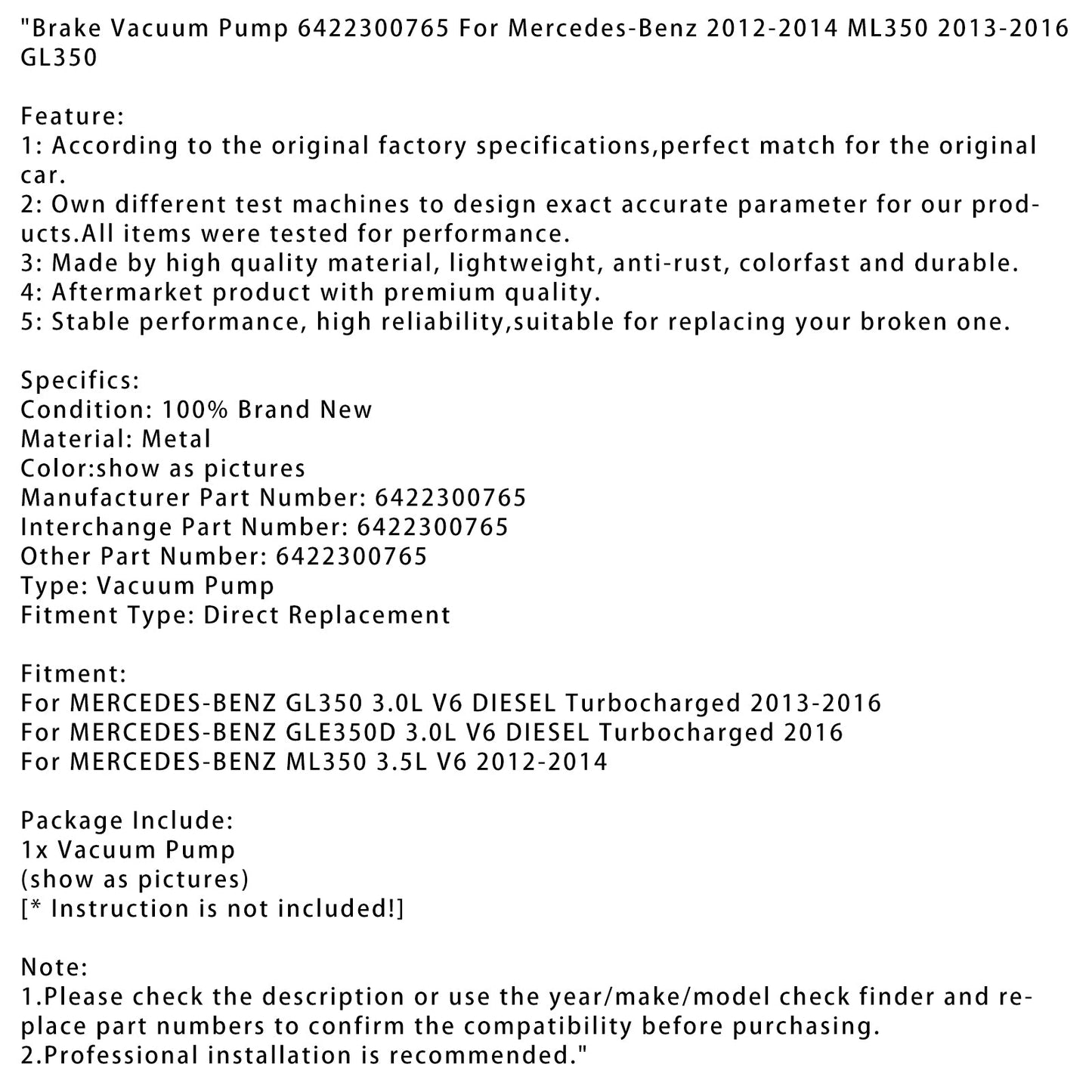 Pompa del vuoto del freno turbocompresso MERCEDES-BENZ GL350 3.0L V6 DIESEL 2013-2016 6422300765