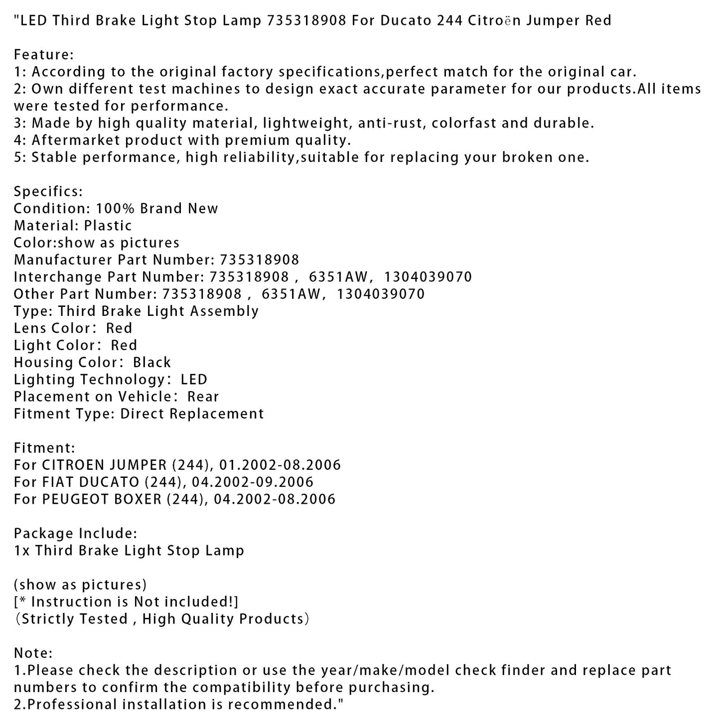 Luce di stop a LED terza luce di stop 735318908 per Ducato 244 Citroën Jumper rossa