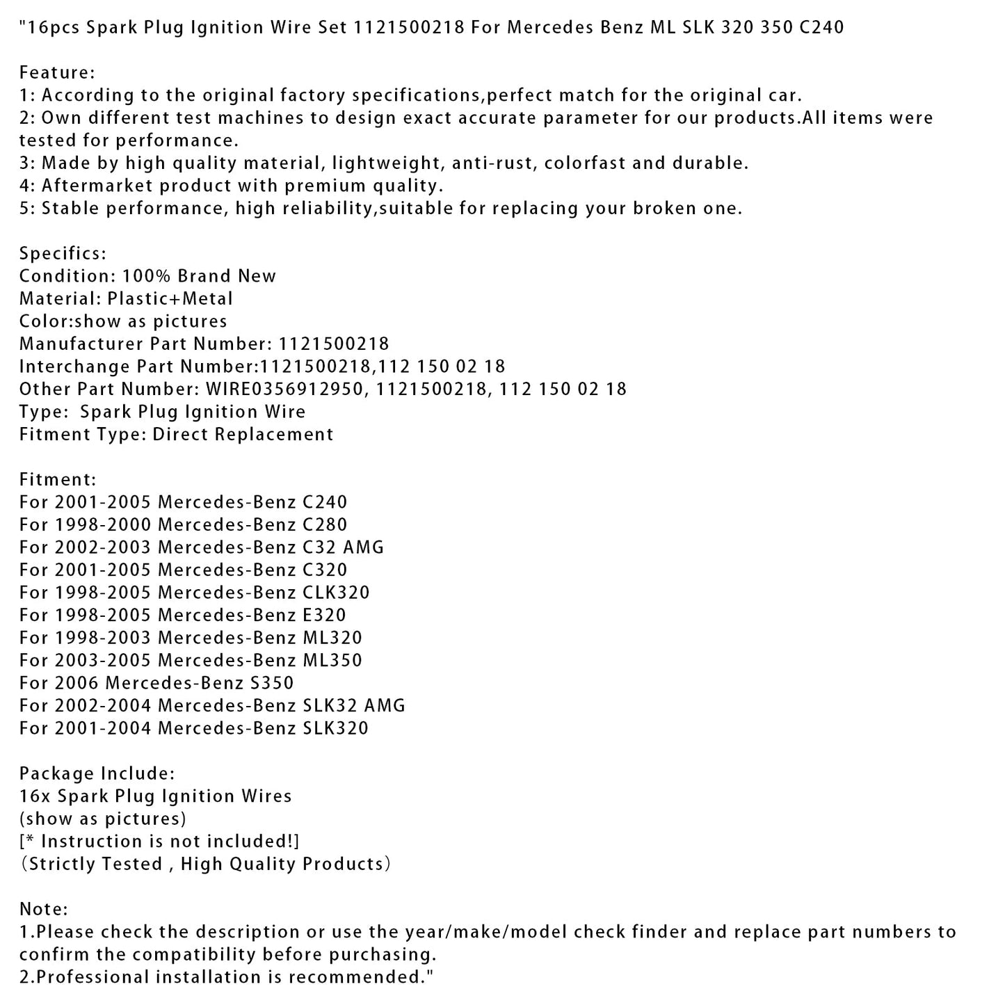Set di cavi di accensione per candele da 16 pezzi 1121500218 per Mercedes Benz ML SLK 320 350