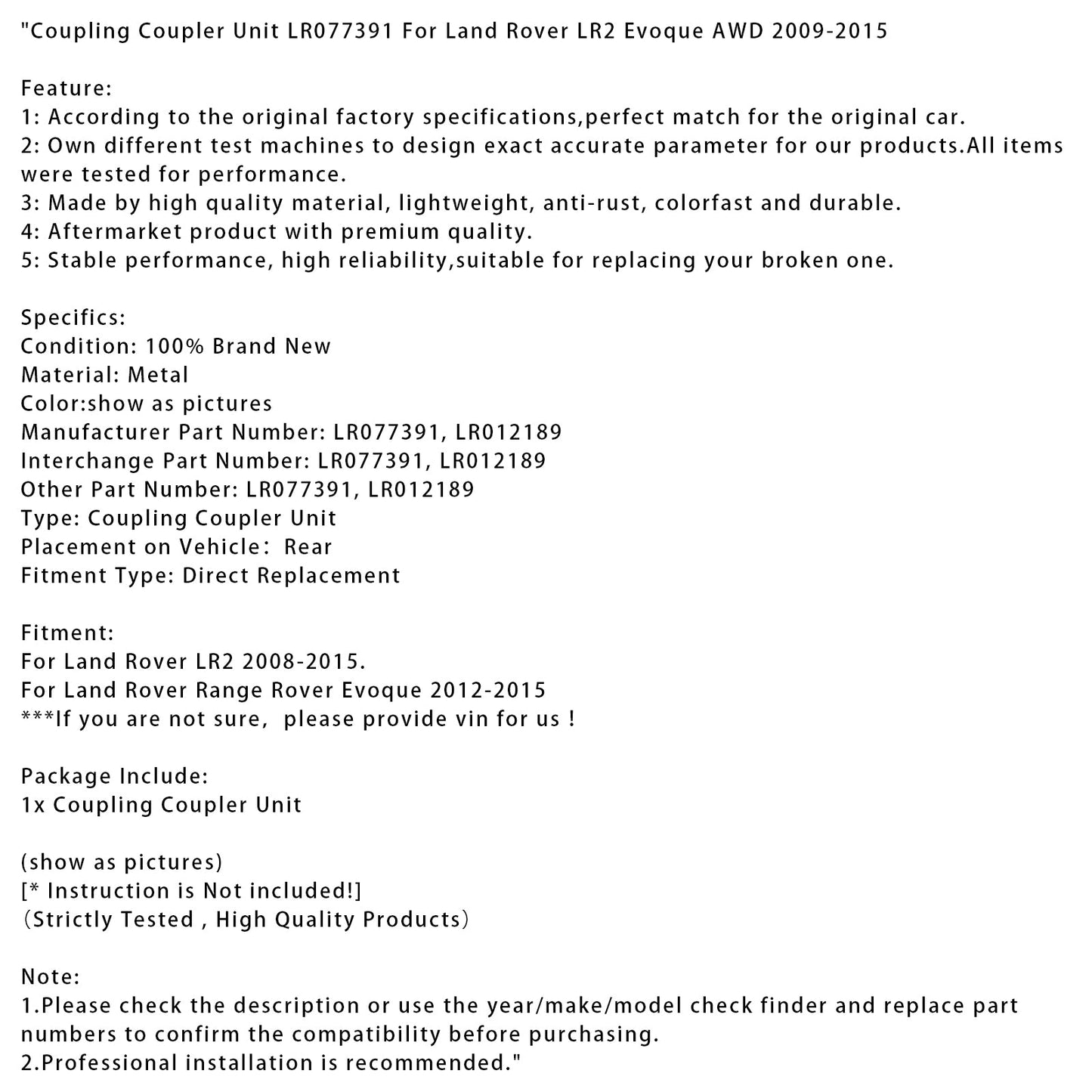 Unità di accoppiamento LR077391 per Land Rover LR2 Evoque AWD 2009-2015