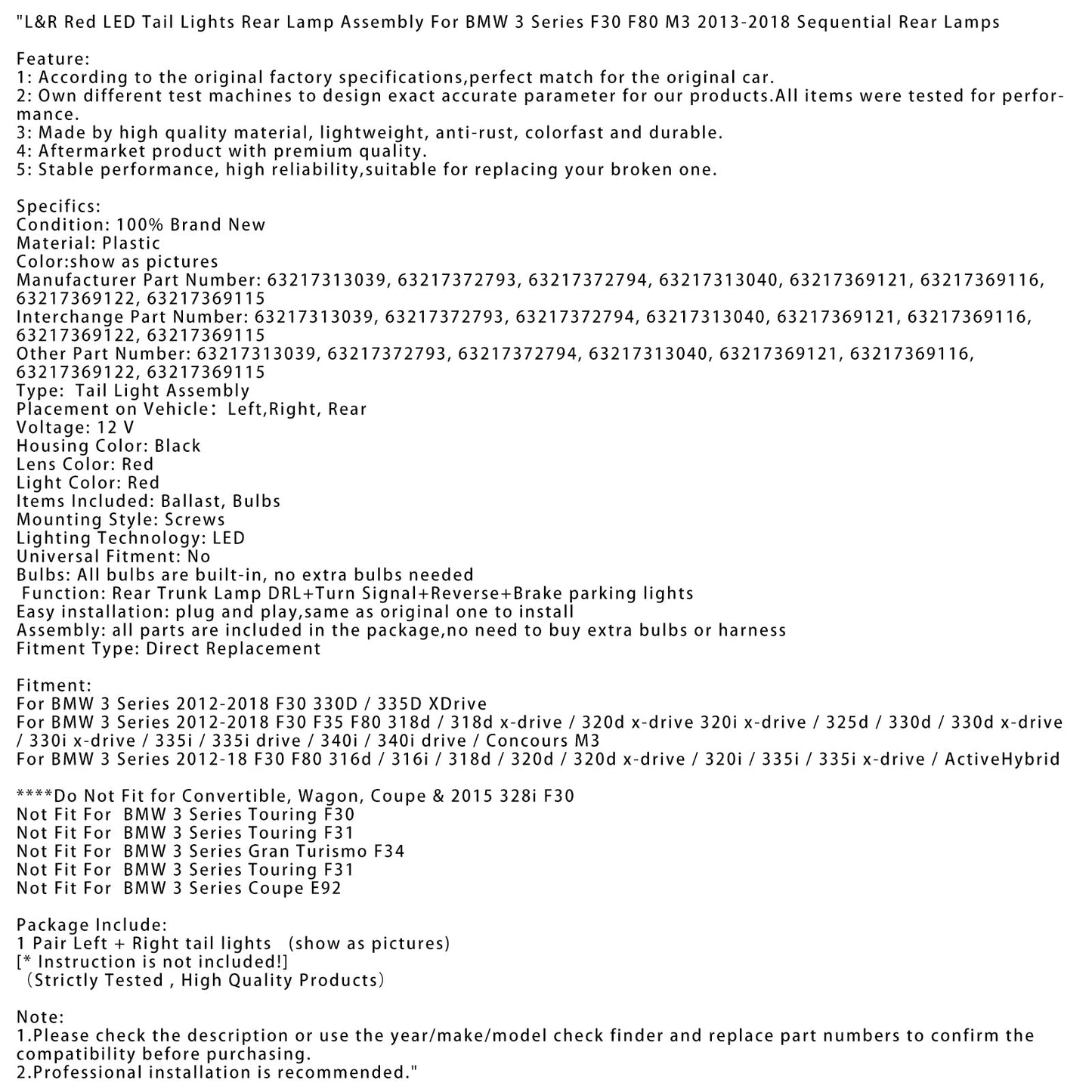 Fanali posteriori a LED rossi L&R BMW Serie 3 F30 F35 F80 2012-2018, gruppo ottico posteriore 63217313039 63217372793