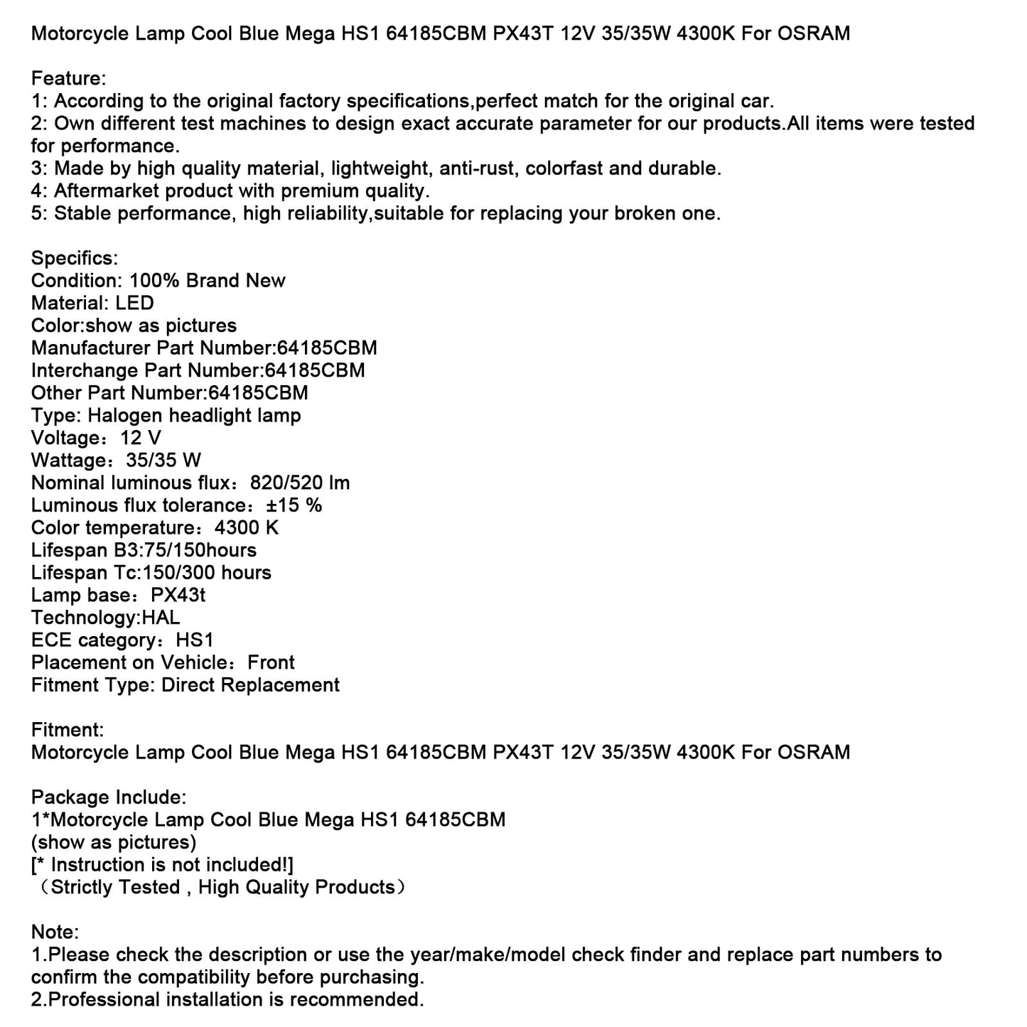 Lampada per moto Cool Blue Mega HS1 64185CBM PX43T 12V 35/35W 4300K per OSRAM