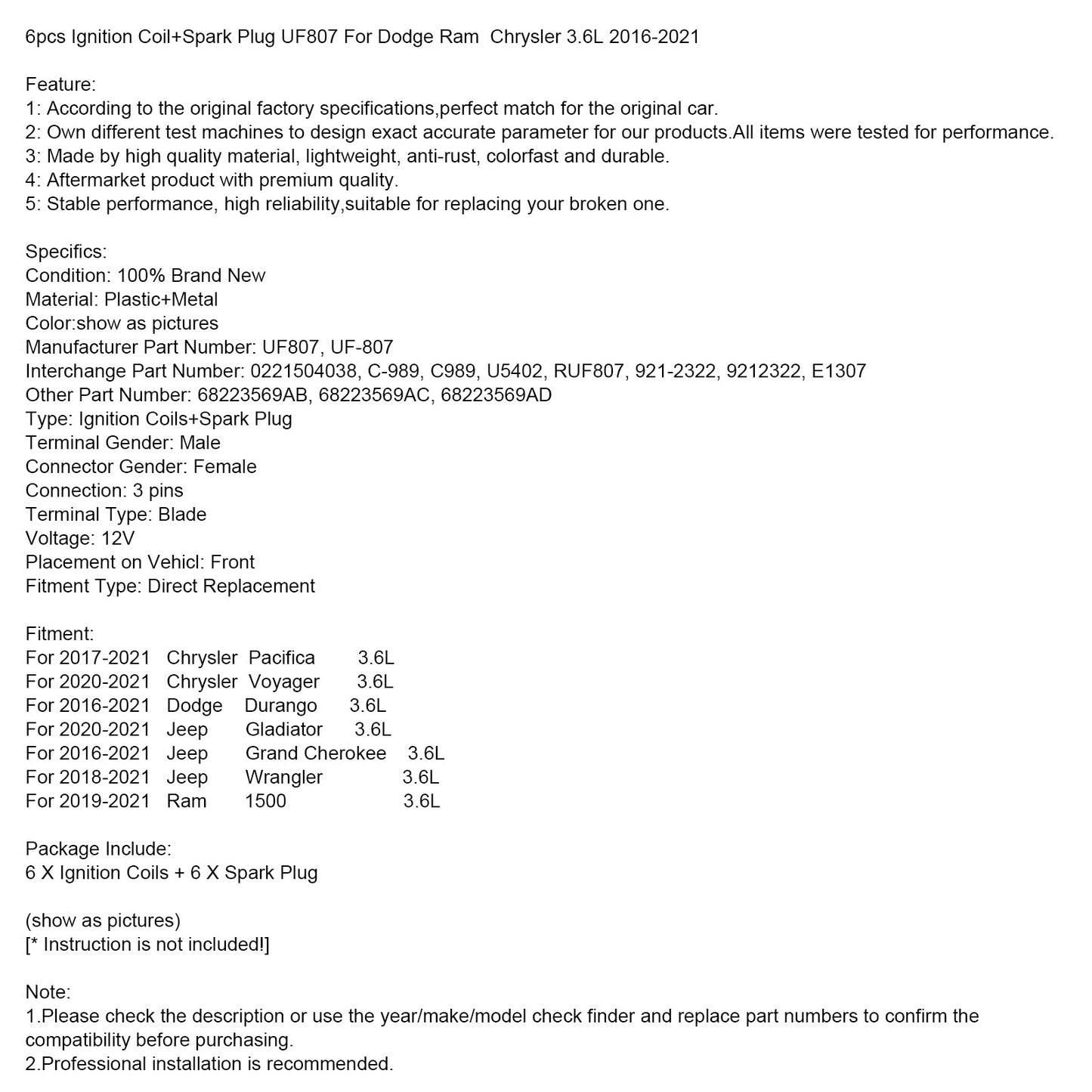 6 pezzi bobina di accensione + candela UF807 per Dodge Ram Chrysler 3.6L 2016-2021