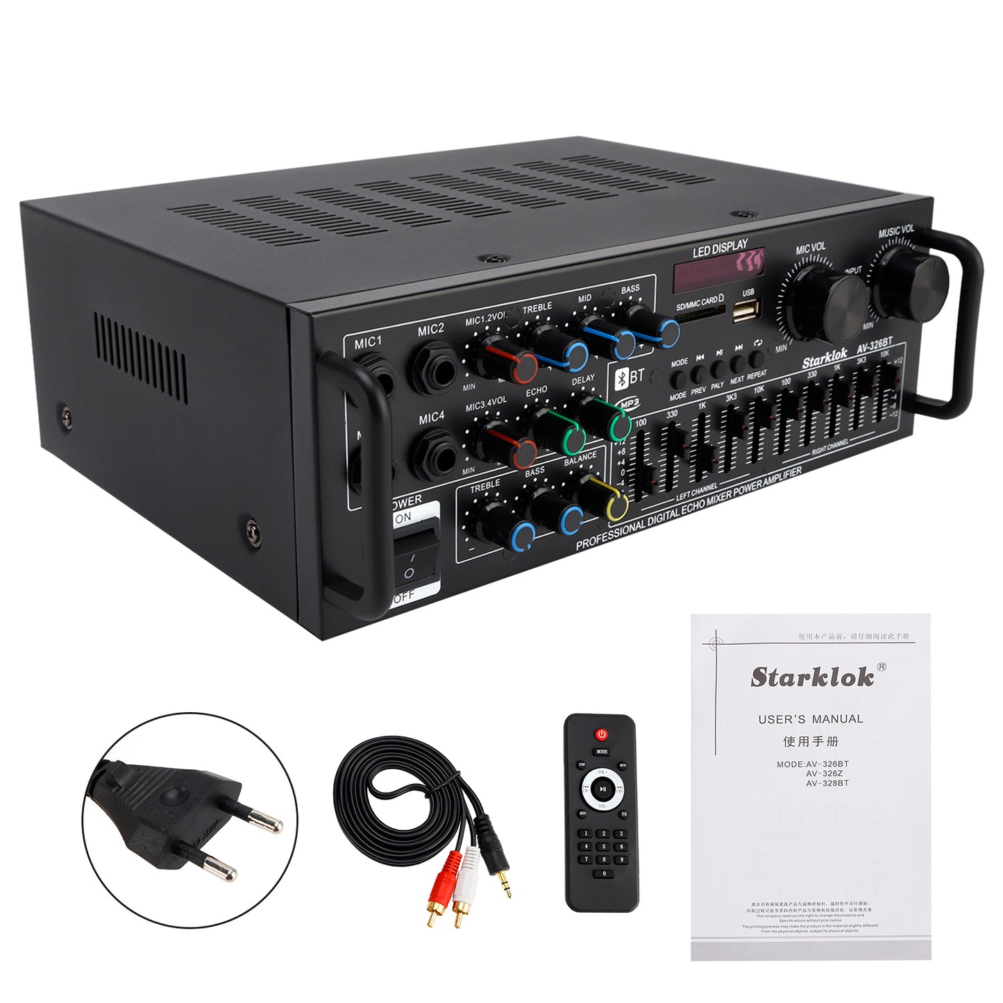 Bluetooth 5.4 HiFi 2500W Peak stereo Karaoke Power Amplificatore FM USB EQ Mixer