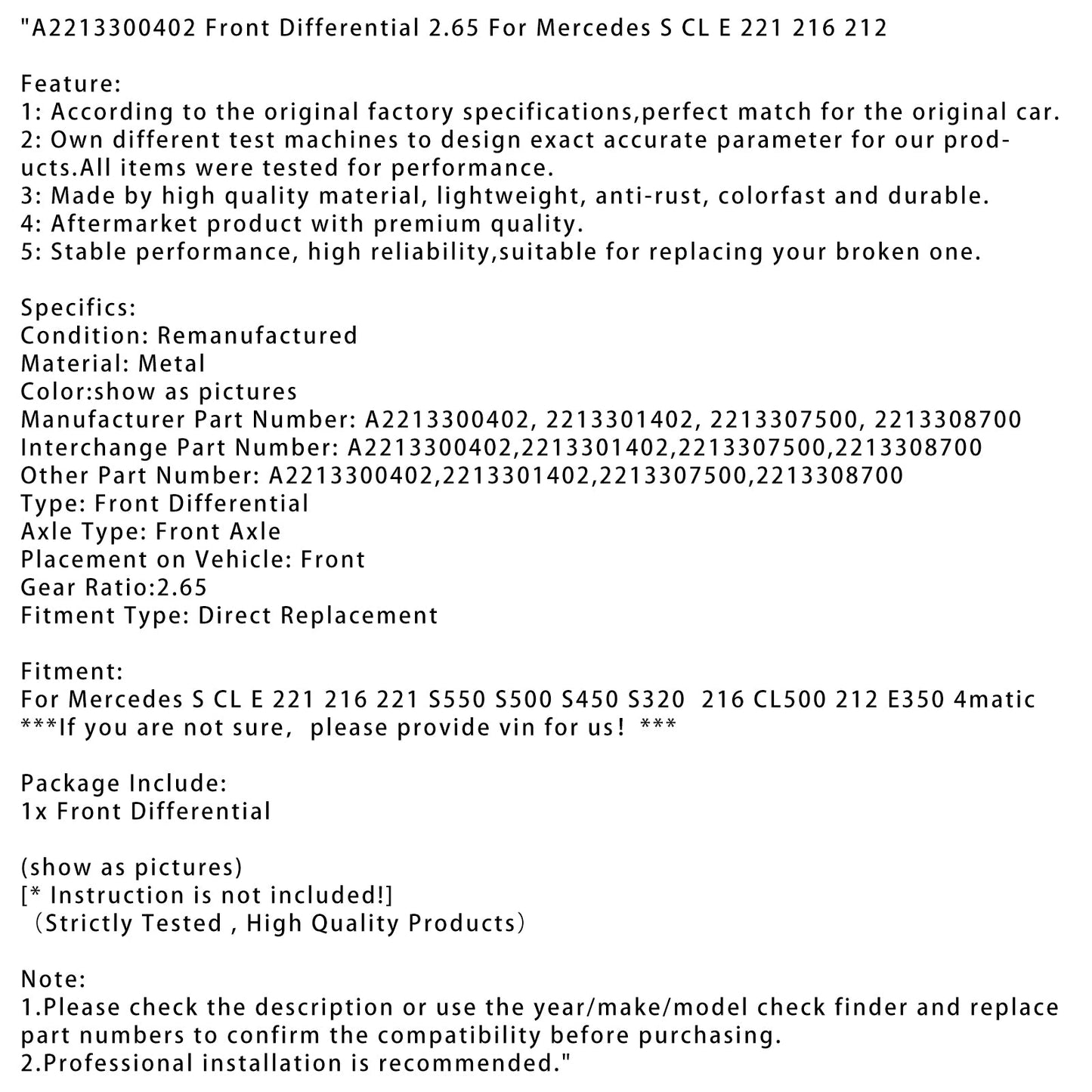 Mercedes S CL E 221 216 212 S550 S500 S450 S320 216 CL500 212 E350 4matic Differenziale anteriore 2.65 A2213300402