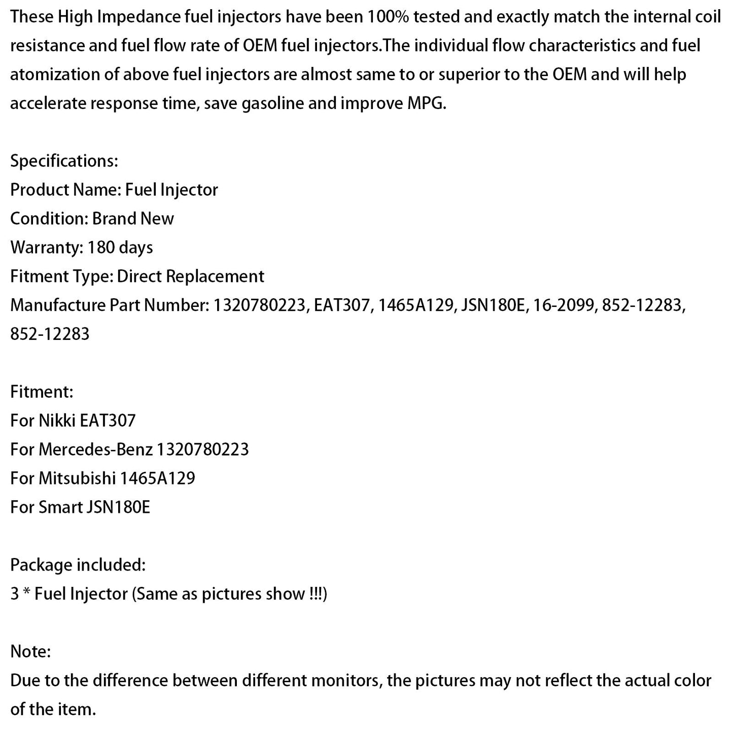 Iniettore di carburante Smart Fortwo 1.0L 3 pezzi EAT307 1465A129 2008-2015