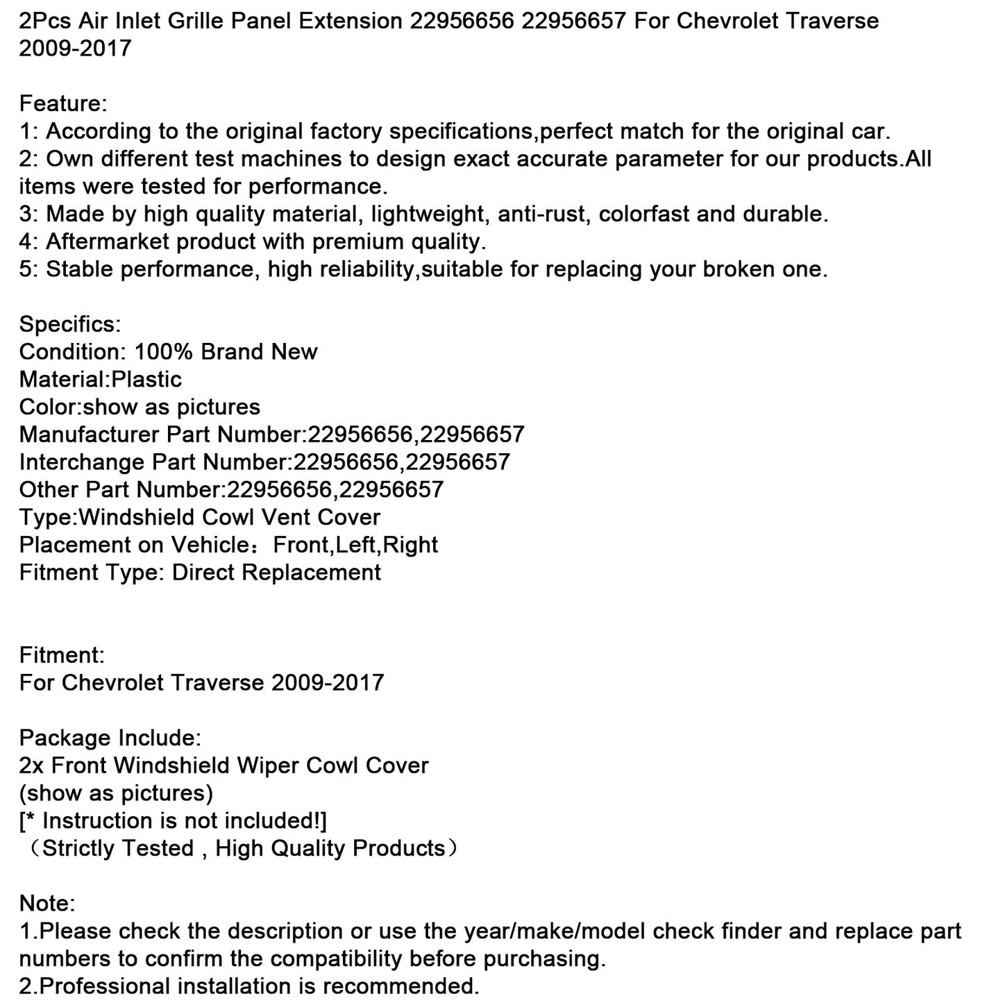 Estensione del pannello della griglia di aspirazione dell'aria Chevrolet Traverse 2009-2017 22956656 22956657