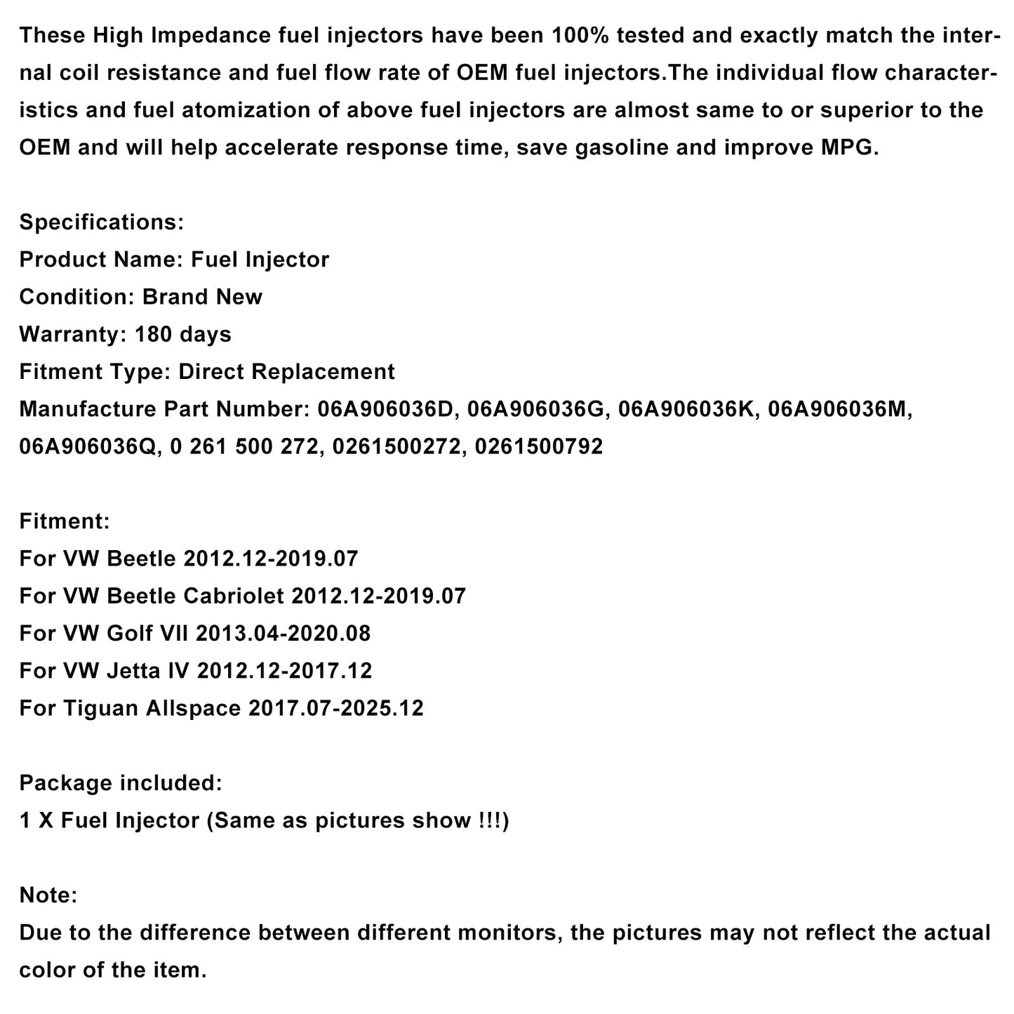 1 pz. Iniettore di carburante 0261500792 per VW Beetle Golf Jetta Tiguan 2.0L 06A906036Q