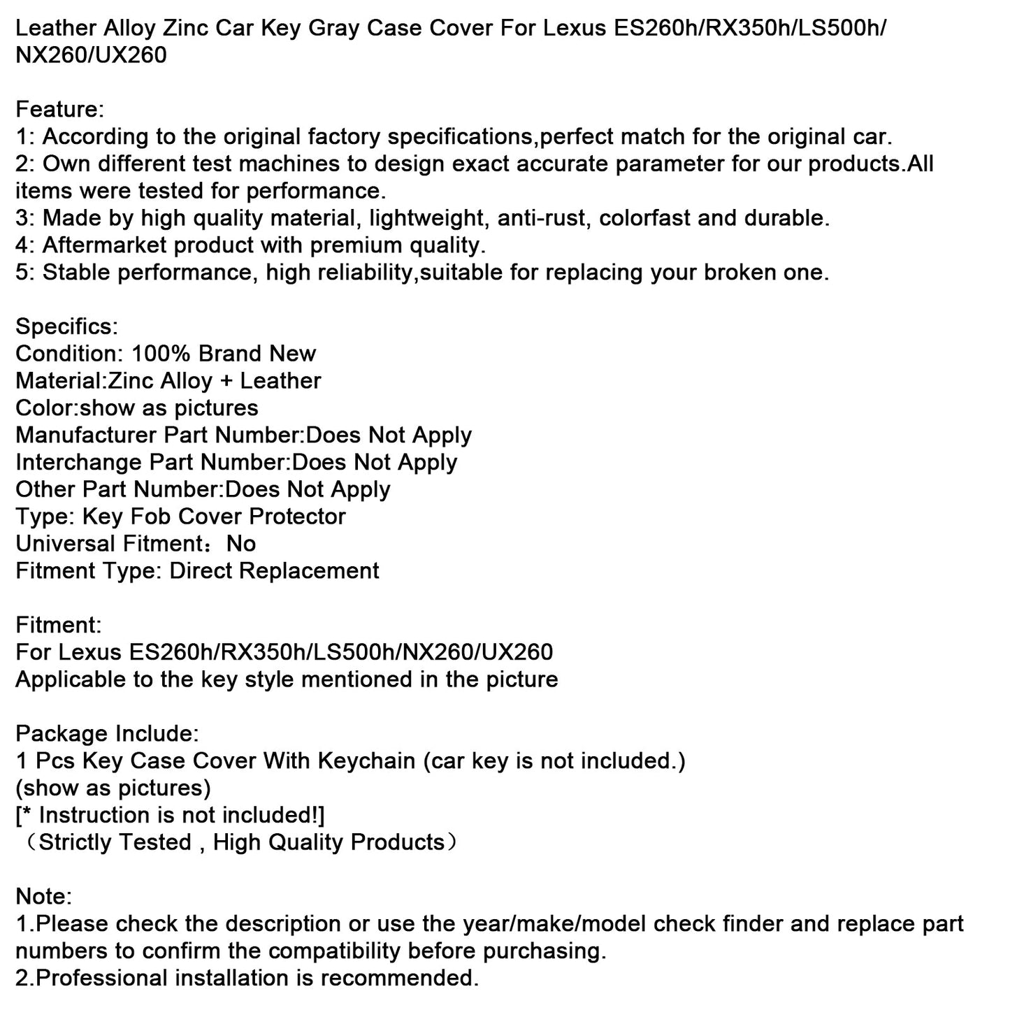 Custodia in pelle e lega di zinco grigia per chiave auto per Lexus ES260h/RX350h/LS500h