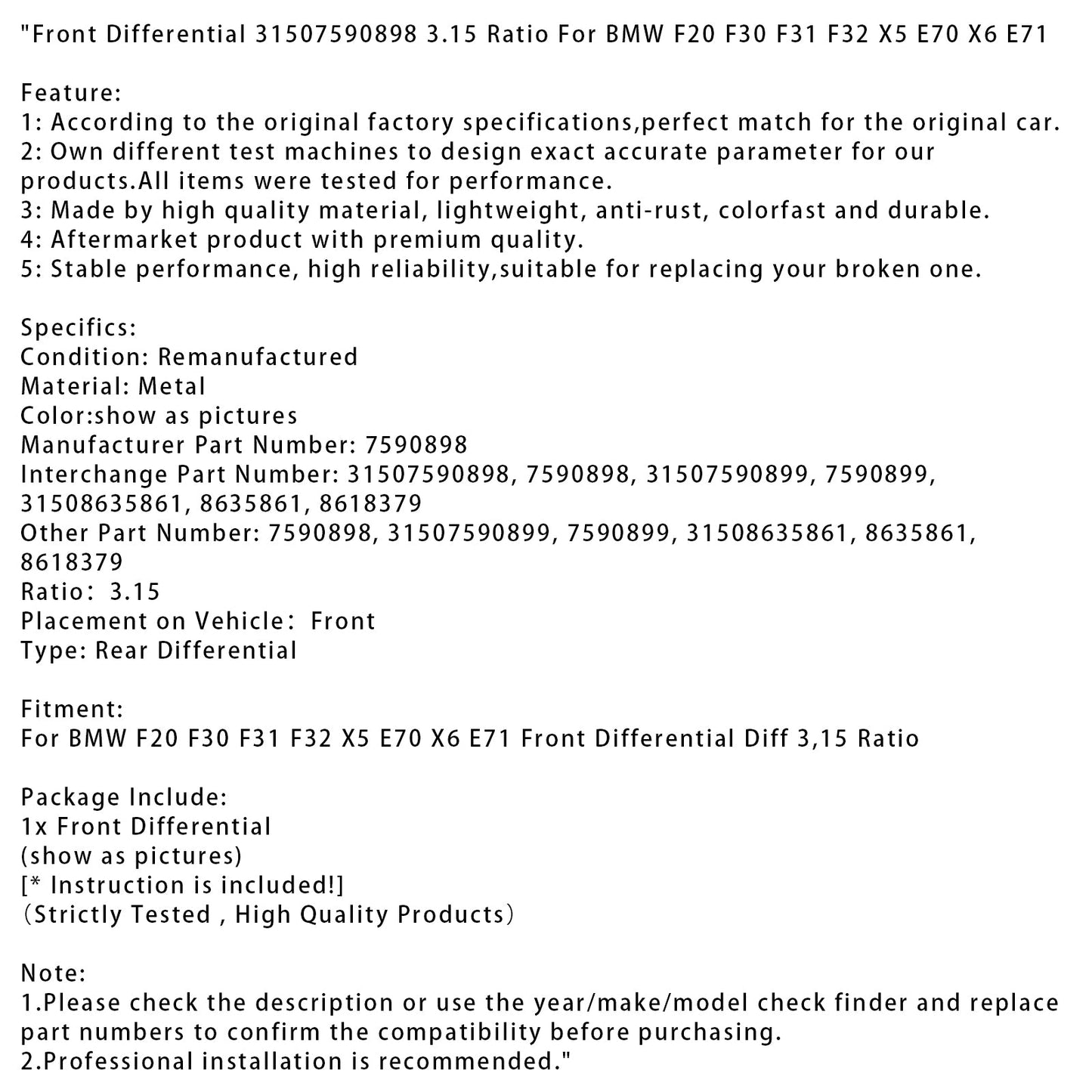 Differenziale anteriore BMW F20 F30 F31 F32 X5 E70 X6 E71 31507590898 Rapporto 3,15 7590898 31507590898