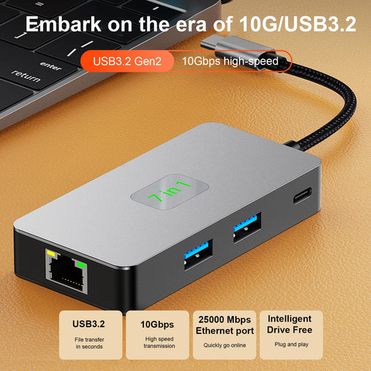 Adattatore hub dock interfaccia USB3.2 HDMI PD100W SD TF 7 in 1 TYPE-CtoRJ45 2.5G 10G