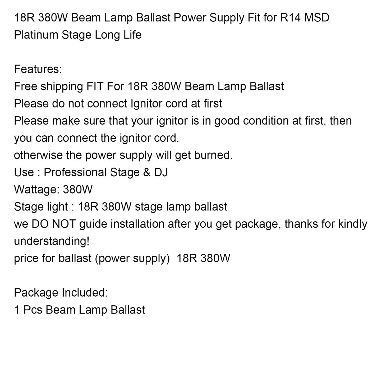 Lampadina di ricambio con fascio a testa mobile 380W 18R Alimentatore con zavorra R18 Lampada da palco