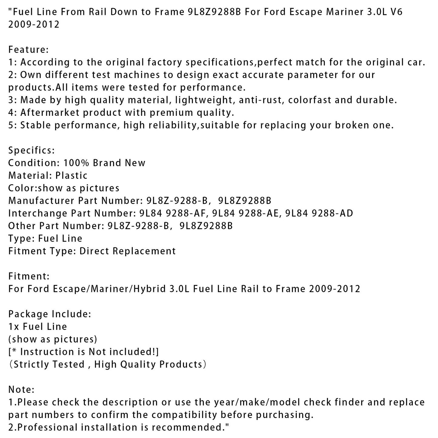 Linea del carburante Ford Escape Mariner 3.0L V6 2009-2012 dal rail al telaio
