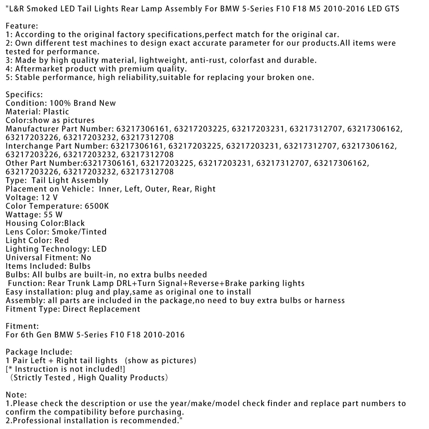 Gruppo ottico posteriore a LED fumé BMW Serie 5 5F10 F18 M5 L&R 2010-2016