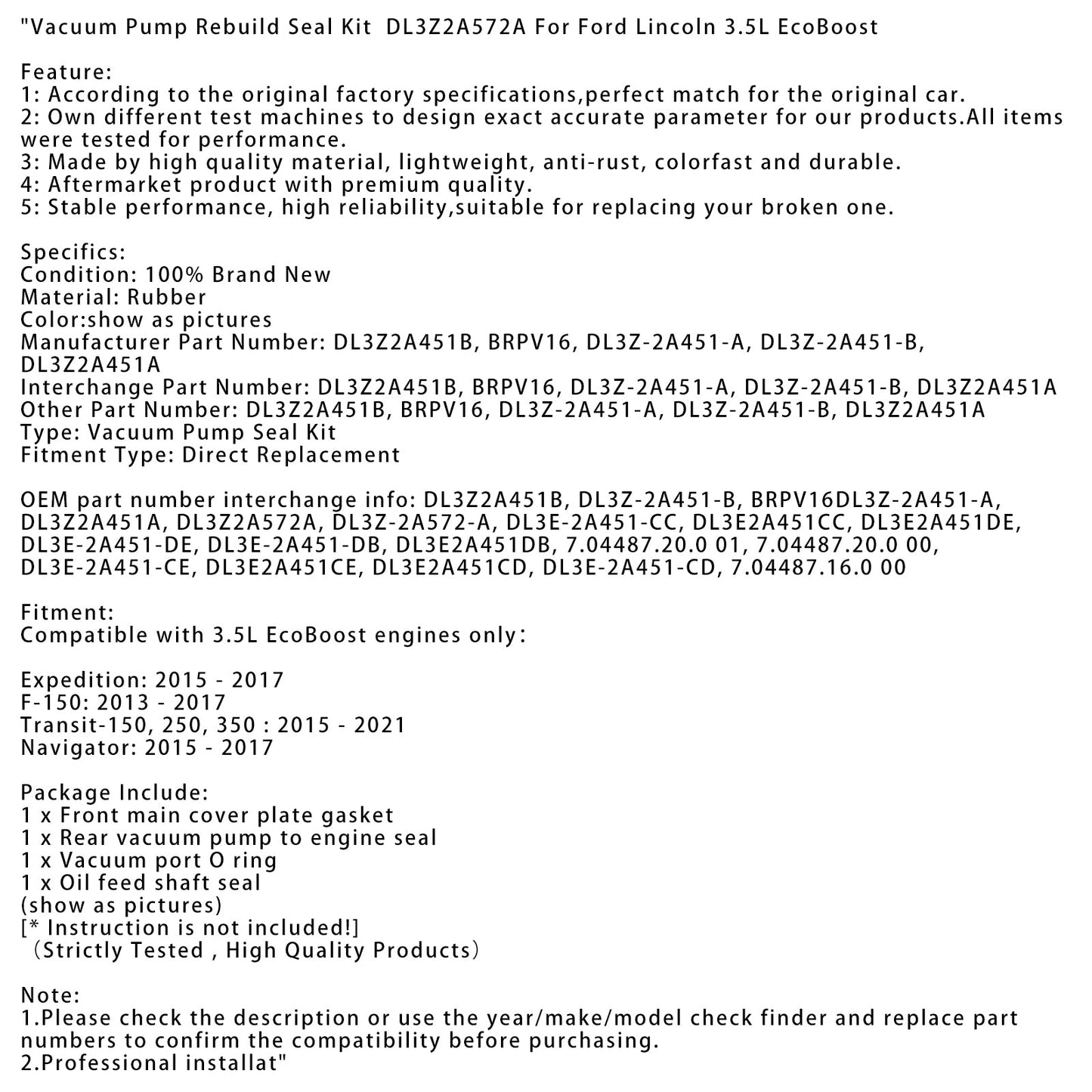 Kit guarnizioni per la ricostruzione della pompa del vuoto DL3Z2A572A per Ford Lincoln 3.5L EcoBoost