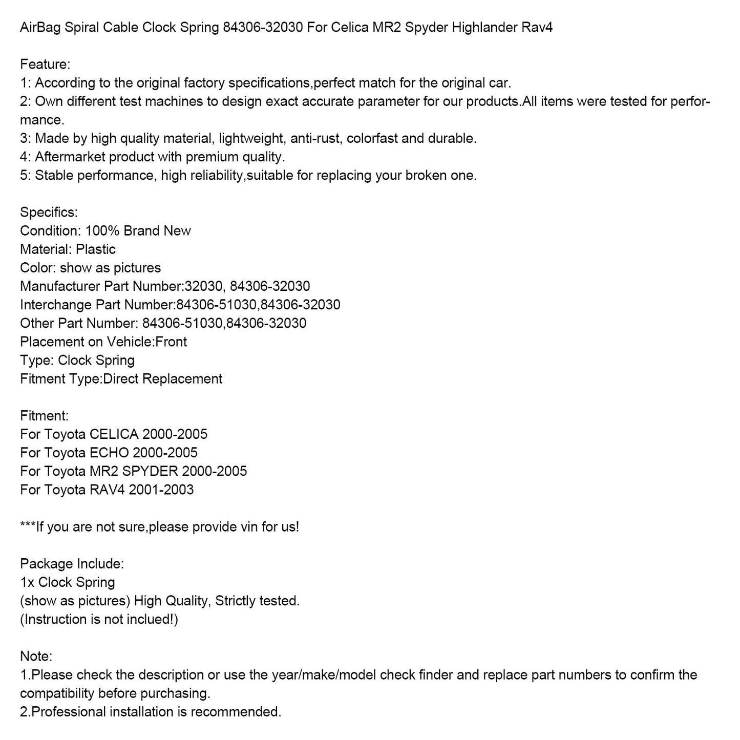 2000-2005 Toyota ECHO AirBag Cavo a spirale Orologio Primavera 84306-32030