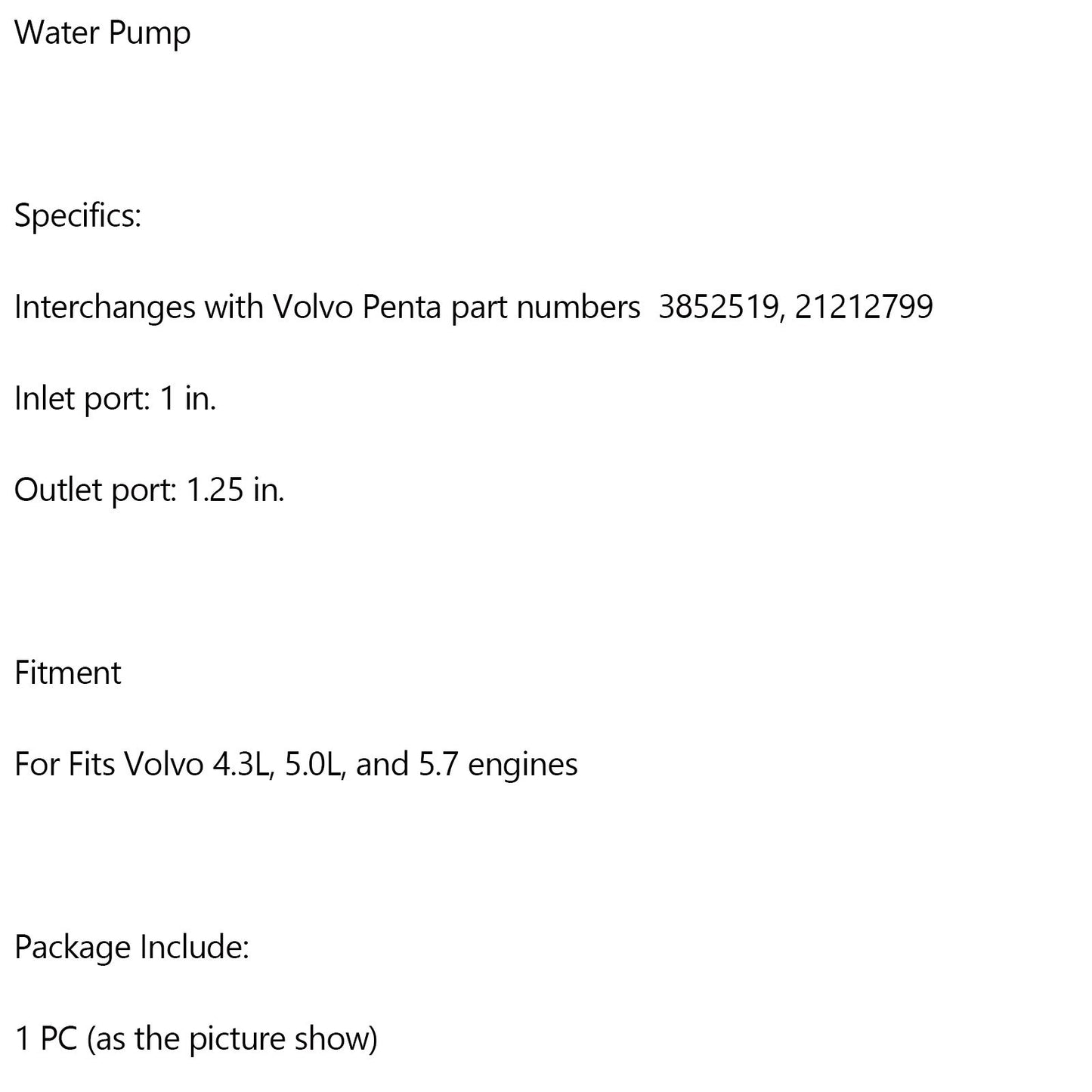 VOLVO PENTA 4.3L 5.0L 5.7L Sostituisce la pompa dell'acqua di mare 21212799 3812519