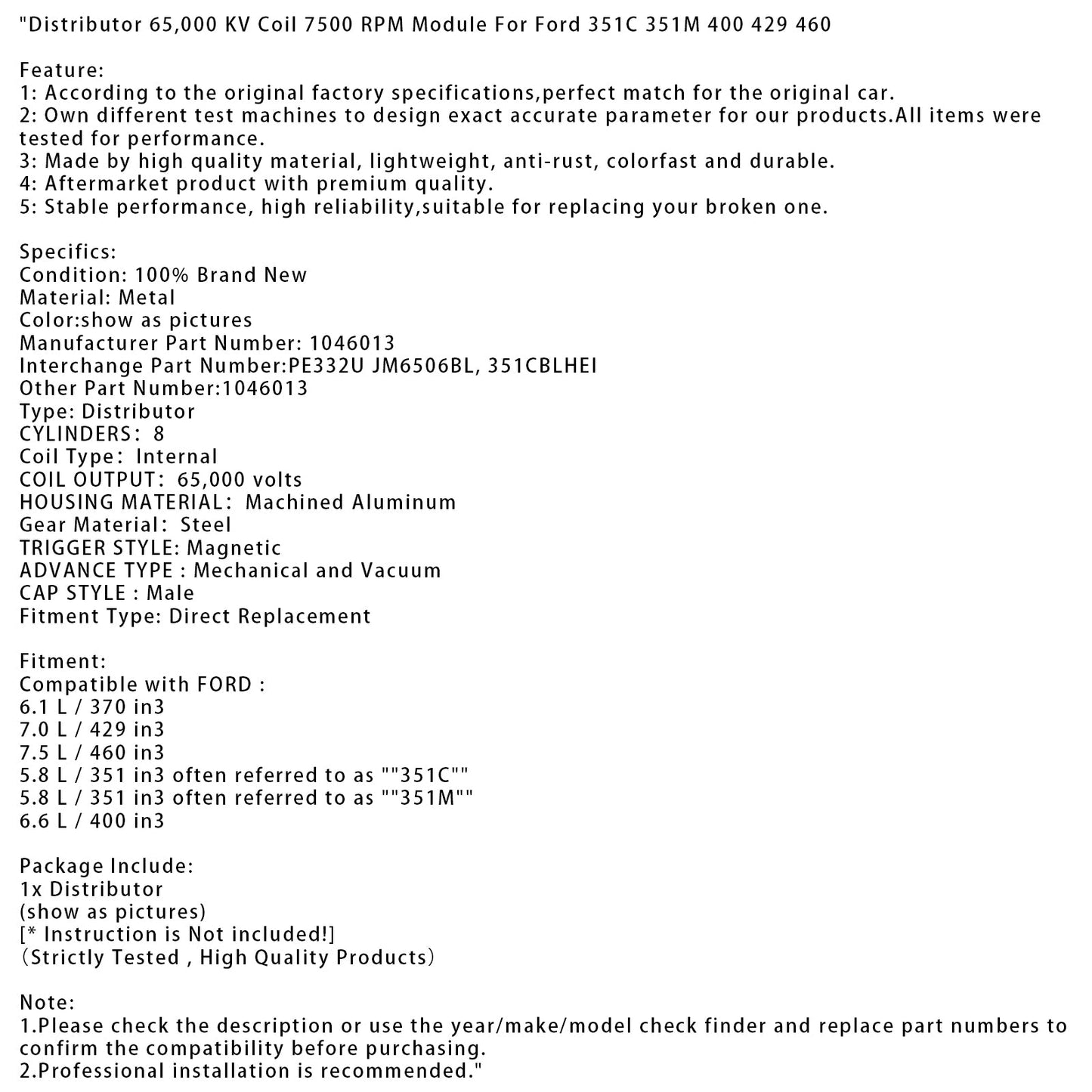 Modulo distributore bobina 65.000 KV 7500 giri/min per Ford 351C 351M 400 429 460