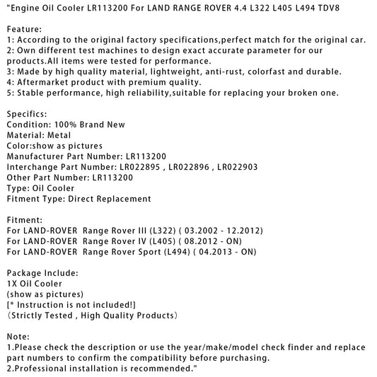03.2002-12.2012 LAND-ROVER Range Rover III (L322) Radiatore olio motore LR113200 Generico